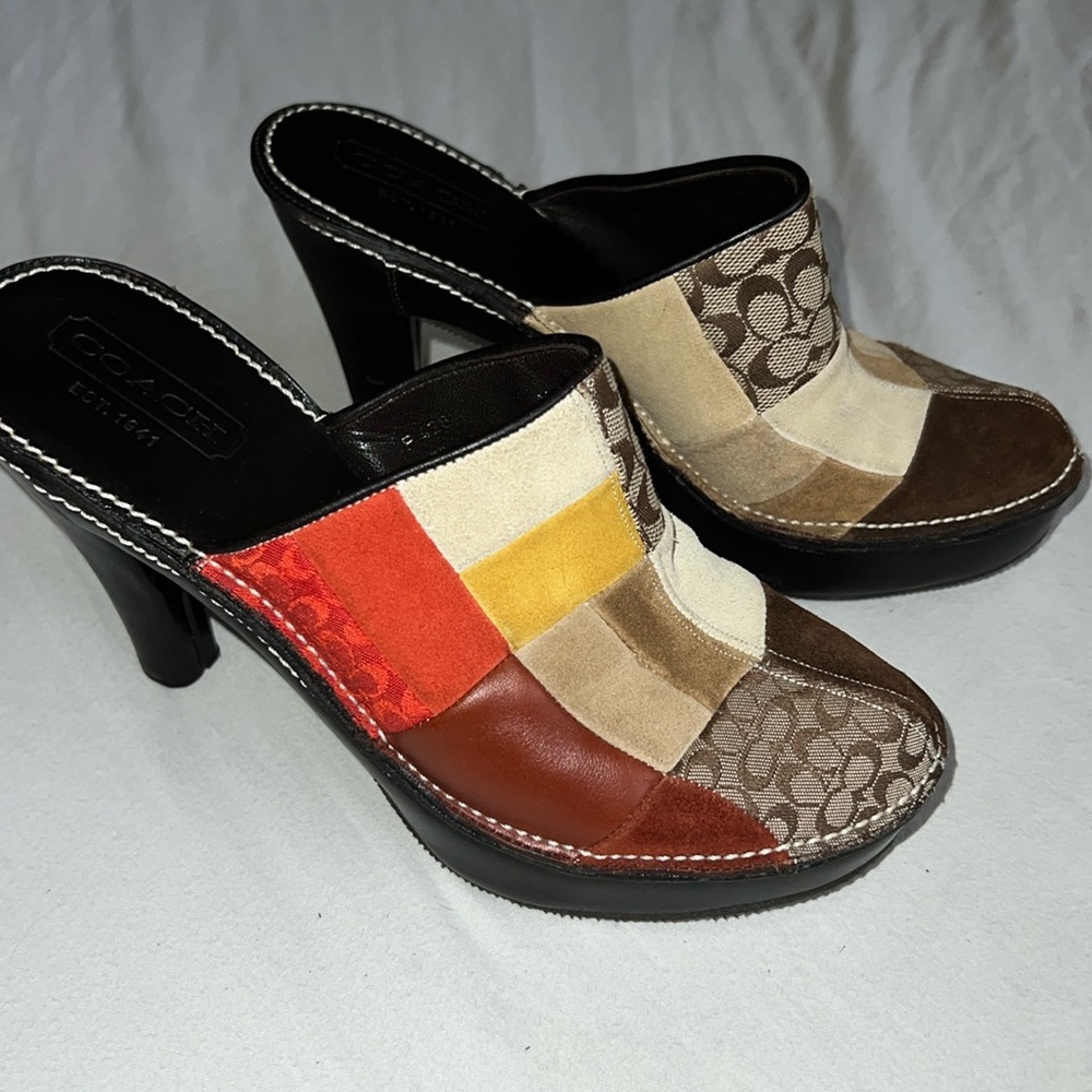 Coach Patchwork Heels in Red, Yellow, and Brown